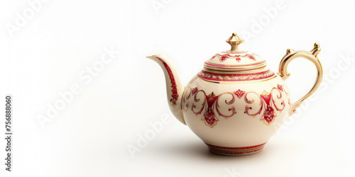 A cream, red and gold, antique fine bone china teapot on a white isolated background. Suitable for a header with room for text. 