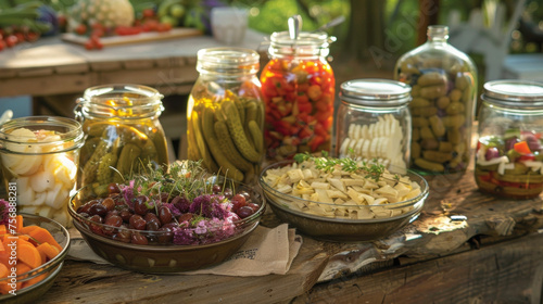 Jars of pickled vegetables olives and artichoke hearts add a savory touch to the picnic spread. © Justlight