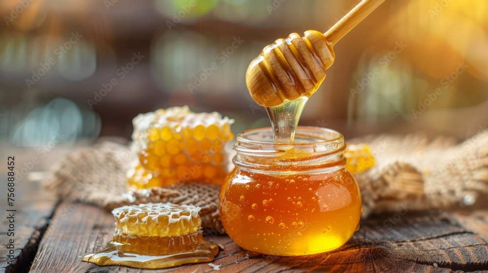 Honey dripping from a wooden honey, a jar and honeycomb on a wooden table, Generative AI Honey dripping from a wooden honey, a jar and honeycomb on a wooden table, Generative AI