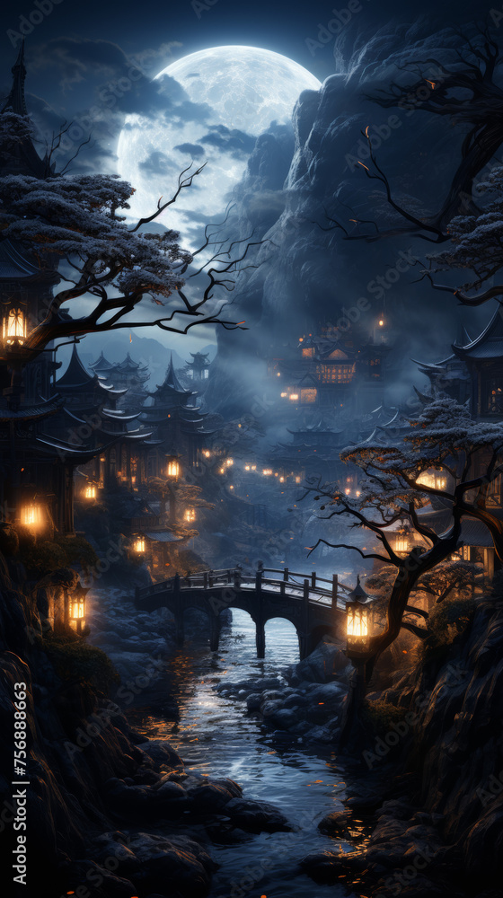 Moonlit Fantasy Landscape with Stone Bridge and Lanterns

