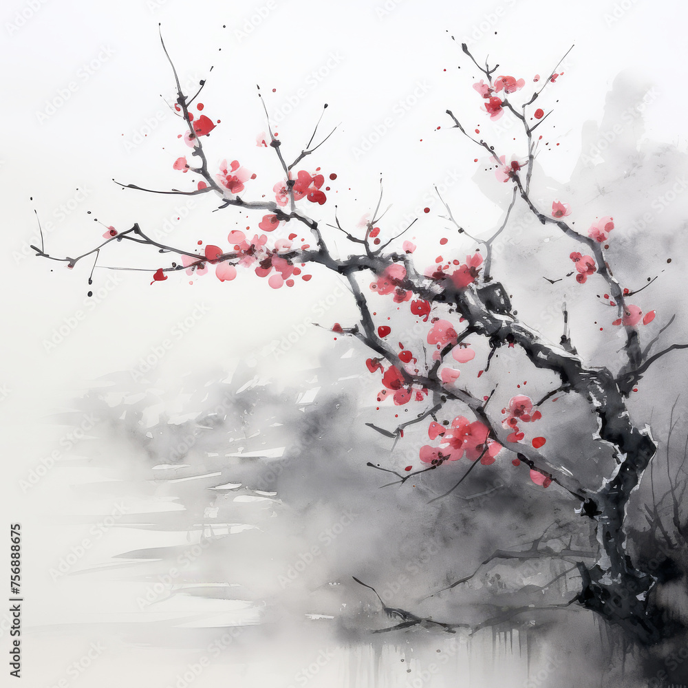 Ethereal Ink Wash Painting of a Blossoming Plum Tree

