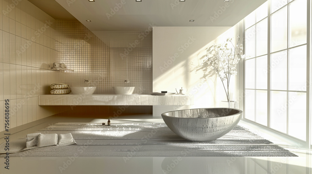 Modern Bathroom with Freestanding Bathtub, Elegant Fixtures, and Bright Window, Luxurious and Spacious Design Modern Bathroom with Freestanding Bathtub, Elegant Fixtures, and Bright Window, Luxurious and Spacious Design
