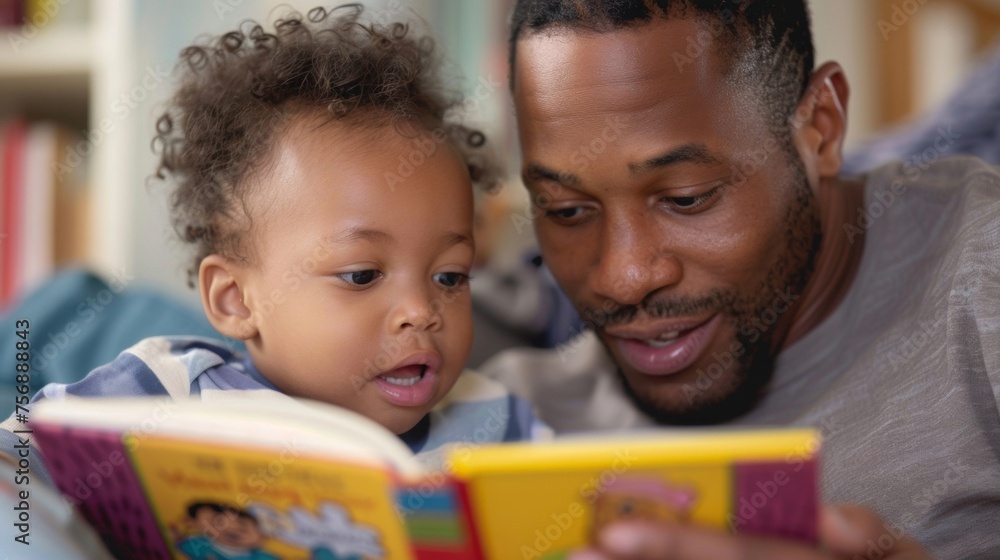 A father reads a book to his child pausing to ask questions and prompt the child to participate in the story with the help of a speech the creating a fun and interactive learning A father reads a book to his child pausing to ask questions and prompt the child to participate in the story with the help of a speech the creating a fun and interactive learning