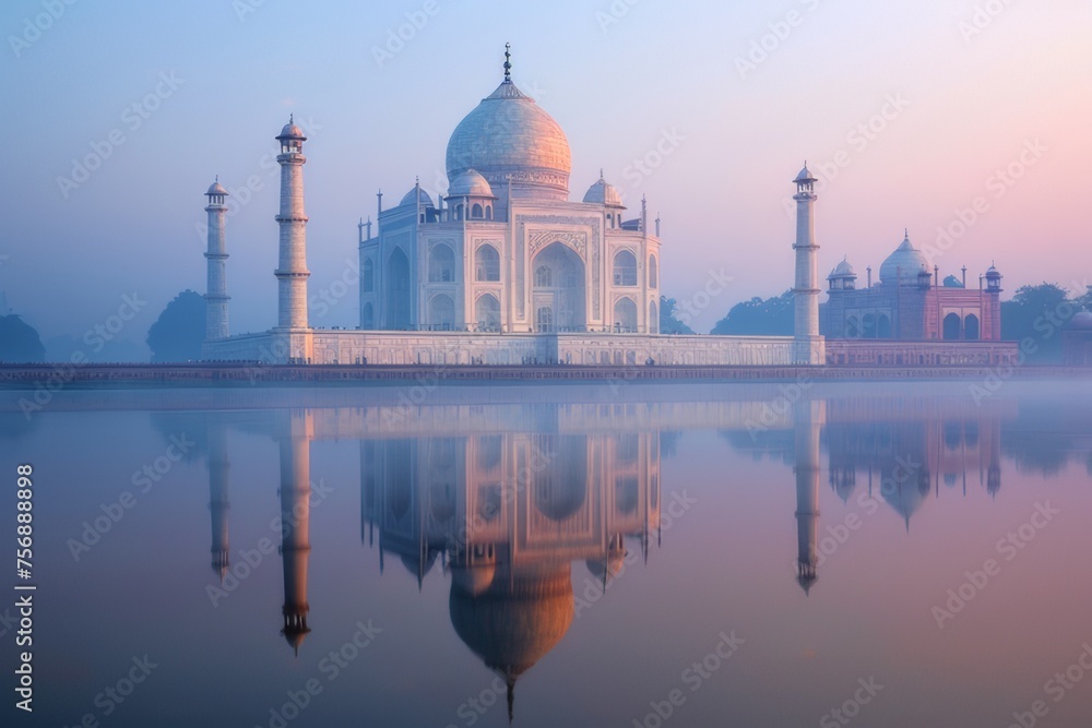 Fototapeta premium Image of the Taj Mahal at dawn, Agra, India. Reflected in the tranquil Yamuna River