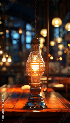 Vintage Edison Light Bulb Glowing in Dimly Lit Cafe