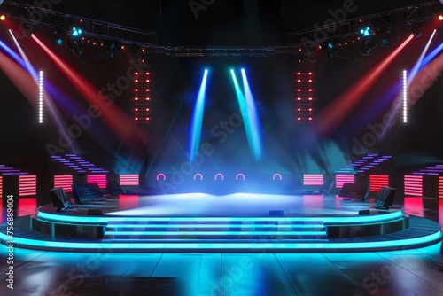 Dynamic e-sport arena with glowing LED panels and colorful spotlights, creating an immersive gaming atmosphere, on isolated white background, Generative AI © Box Milk
