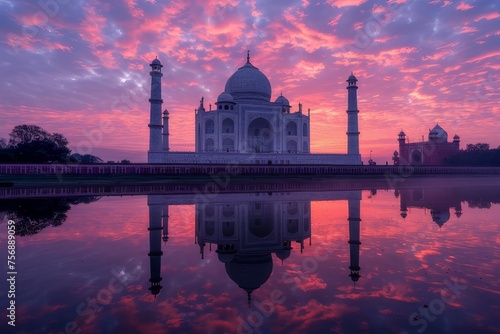 Image of the Taj Mahal at dawn, Agra, India. Reflected in the tranquil Yamuna River