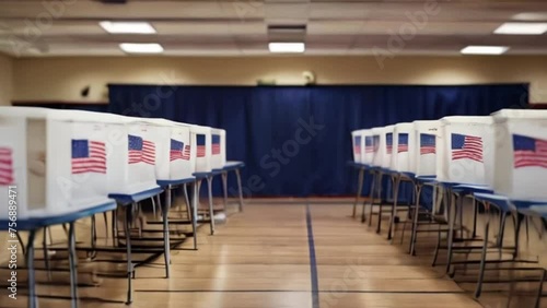 Voting stations prepared for action on the day of the US election, US America election, row of voting booths at polling station photo