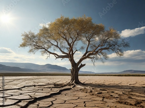 A lone tree stands defiant against the harsh desert sun in a dry, sandy landscape