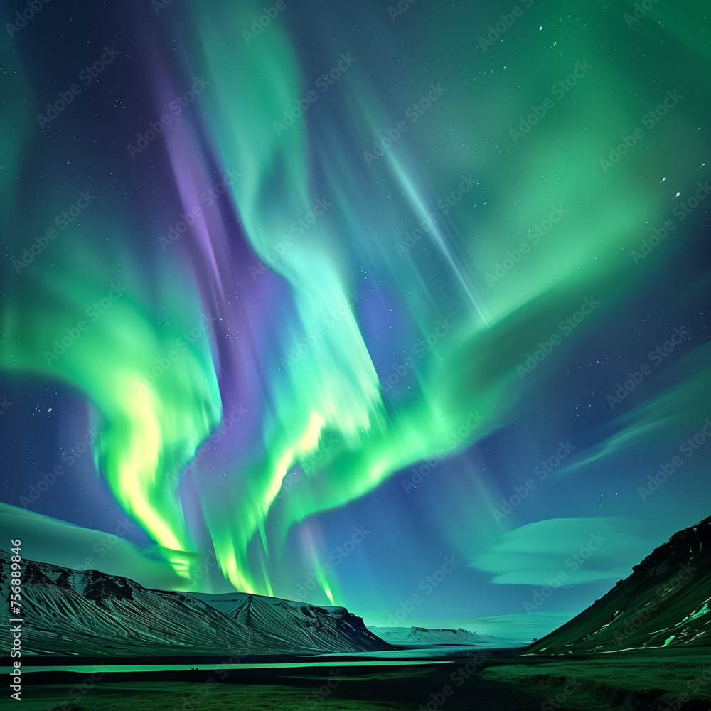 Aurora in Iceland, a magical display of green and purple lights adorning the night sky, creating an atmosphere of mystery and enchantment with nature's beauty.