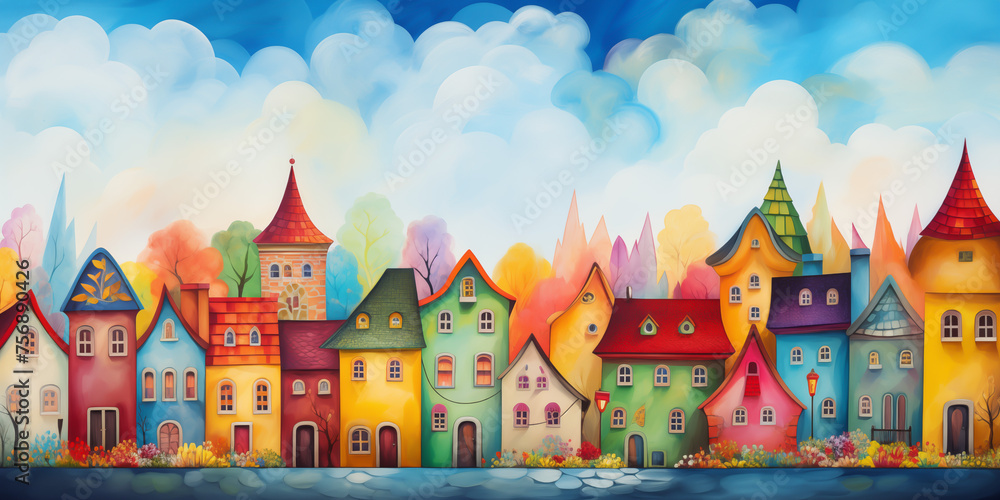 The illustrations are watercolor paintings. Colorful city pictures are used to decorate and add beauty.
Medieval castle amidst lush greenery With the vast sky as the background