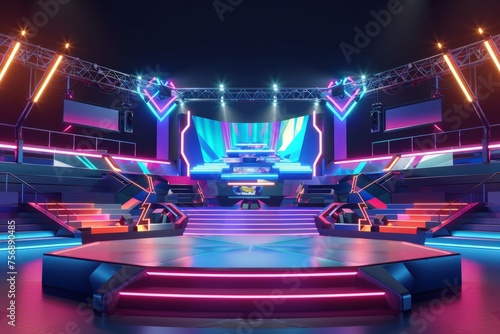 e-sport arena bathed in vibrant hues and neon lights, pulsing with the energy of competitive gaming, on isolated white background, Generative AI