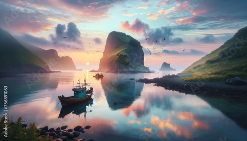 Tranquil Dawn at Dokdo Island: Fishing Boat in Calm Waters with Lush Green Hills and Soft Sunrise Hues photo