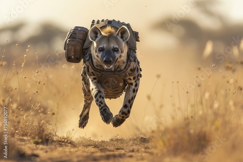 hyena cyborg with armor running in savanna photo
