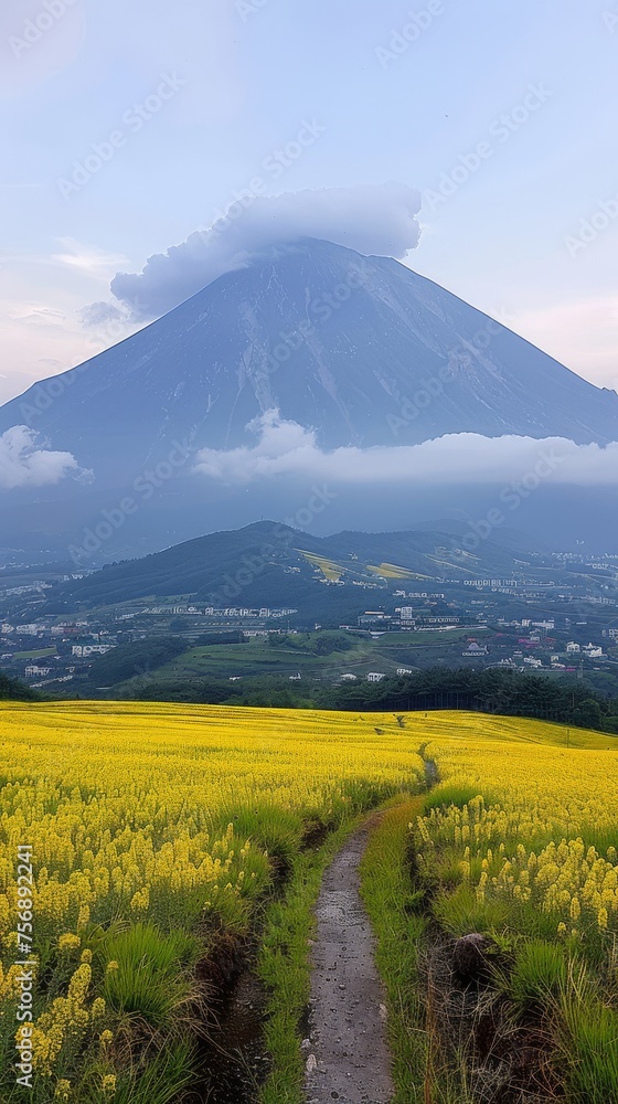 Fototapeta premium Mount Fuji with Cap of Clouds Overlooking Yellow Rapeseed Blossom Fields and Country Path