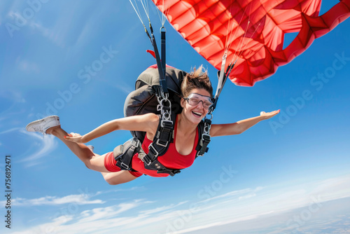 Close-up of a lovely young woman gracefully freefalling before deploying her parachute