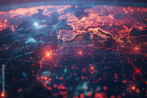 Global communication and international connections. World map with connected lines and dots