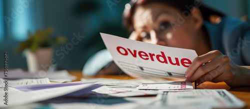 A worried person looks at a small pile of growing invoices, reading 