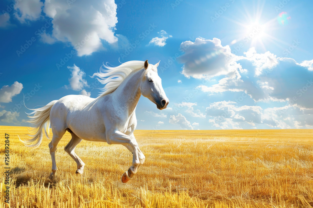 A majestic white horse galloping across a golden field, its mane and tail flowing in the wind