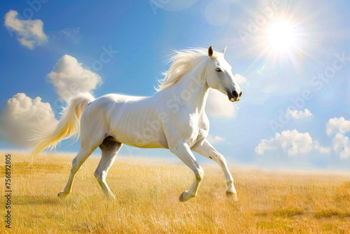 A majestic white horse galloping across a golden field, its mane and tail flowing in the wind © Veniamin Kraskov