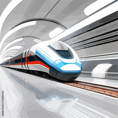 Vector illustration of train rail subway railway railroad moving in tunnel. Isolated front view.