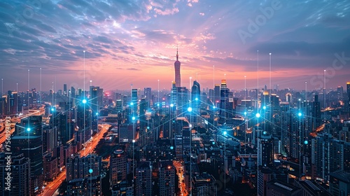 Elevated view of a bustling smart city powered by 5G technology