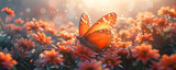Fluttering monarch butterfly and orange wildflowers on the field in sunlight. Floral sunset spring concept for background, banner or greeting card