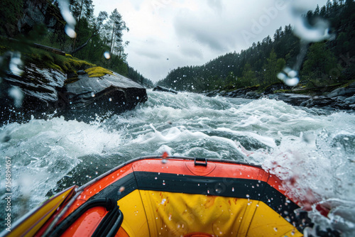 Boat speeding down turbulent river towards waterfall © Veniamin Kraskov