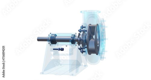 centrifugal pump revealing impeller. Mechanical equipment with transparent housing revealing bearings, drive shaft and more