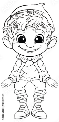 Black and white drawing of a happy elf child.