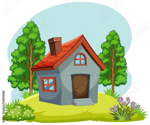 Vector illustration of a small house surrounded by nature.