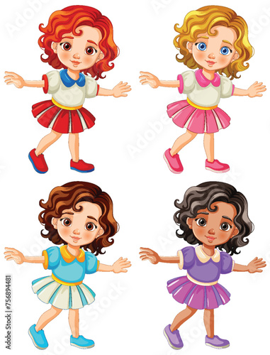 Four cartoon girls with different hairstyles dancing.
