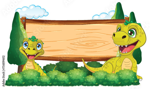 Two cartoon dinosaurs beside an empty wooden sign.