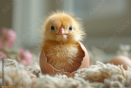 Cute easter chick in an easter egg shell © Sattawat