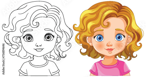 Black and white and colored vector illustrations of a girl