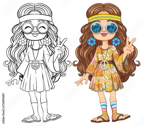 Colorful and outlined hippie girl with peace symbols.