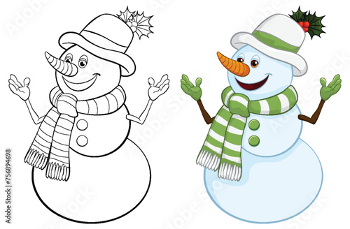 Two smiling snowmen with festive winter accessories.