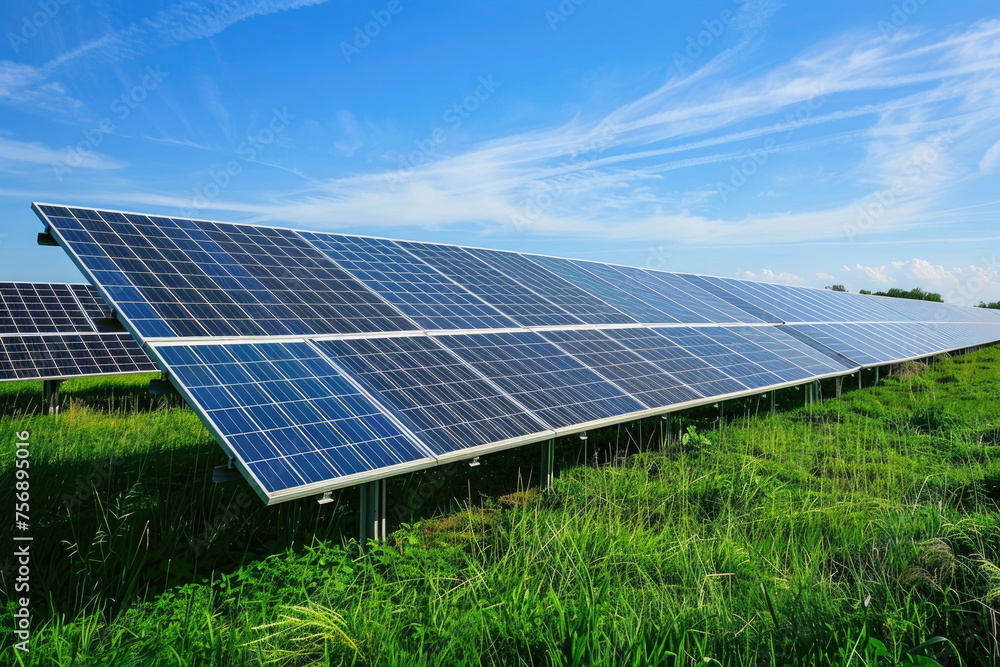 Solar panels basking in the sunlight on a lush green meadow under a clear blue sky