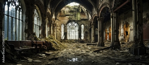 Decrepit interior of a deserted structure.