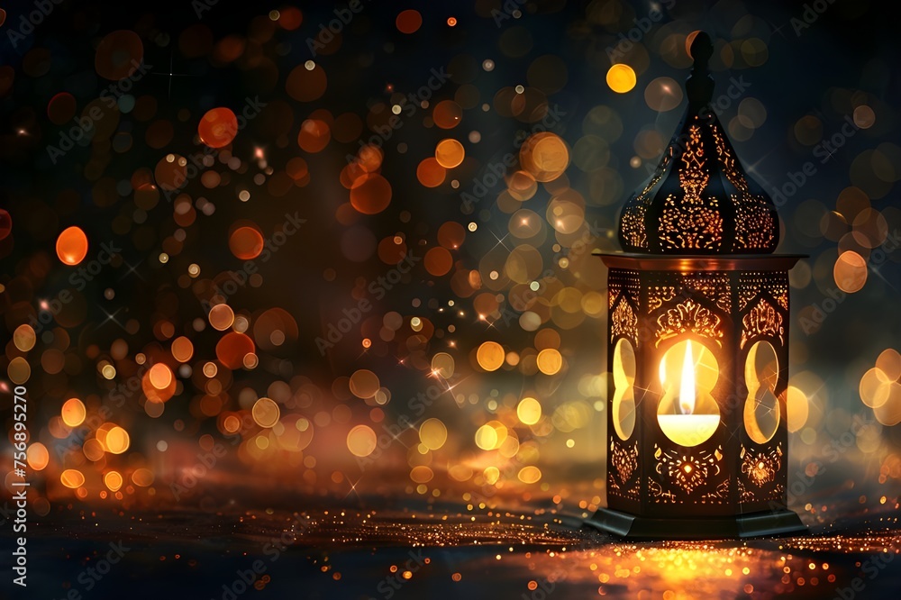 rnamental Arabic lantern with burning candle glowing at night and glittering golden bokeh lights. Festive greeting card, invitation for Muslim holy month Ramadan Kareem. Dark background rnamental Arabic lantern with burning candle glowing at night and glittering golden bokeh lights. Festive greeting card, invitation for Muslim holy month Ramadan Kareem. Dark background