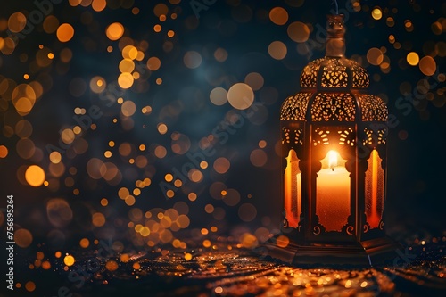 rnamental Arabic lantern with burning candle glowing at night and glittering golden bokeh lights. Festive greeting card, invitation for Muslim holy month Ramadan Kareem. Dark background