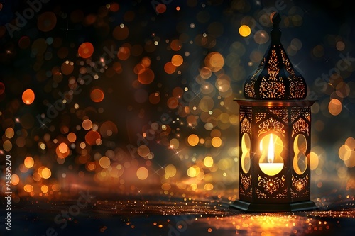 rnamental Arabic lantern with burning candle glowing at night and glittering golden bokeh lights. Festive greeting card, invitation for Muslim holy month Ramadan Kareem. Dark background photo