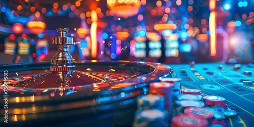 Vibrant casino scene illuminated by colorful lights and flares in background. Concept Casino Scene, Colorful Lights, Flares, Vibrant Atmosphere, Nightlife