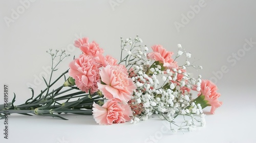 Bunch of carnation flowers and gypsophila flowers arranged over plain background with background,generative ai, generative,ai