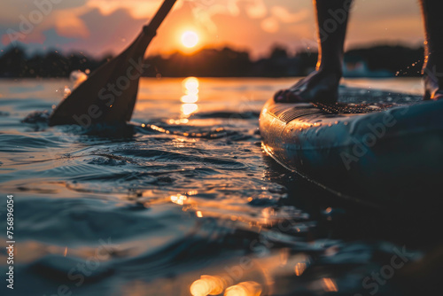Close up of a person on a paddleboard at sunset photo