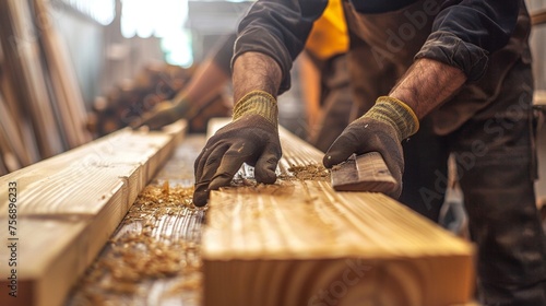 Skilled craftsmen carefully inspecting each piece of lumber checking for knots and other imperfections.