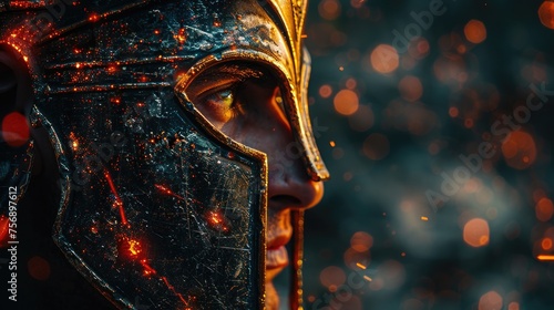 A stunning close-up of an ancient warrior's helmet, glowing with the warm, ethereal light of flickering embers against a night sky.