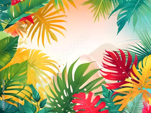 Tropical leaves vector background. Summer horizontal banner, abstract illustration with jungle exotic leaf, bright color drops in simple flat minimal line modern style. Copy space at the center.
