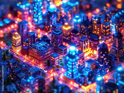 A vibrant, detailed miniature cityscape at night, illuminated with an array of futuristic neon lights and bustling urban activity.