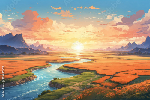 Paths and rivers and orange fields on the banks at sunrise. with a low viewing angle. In anime style